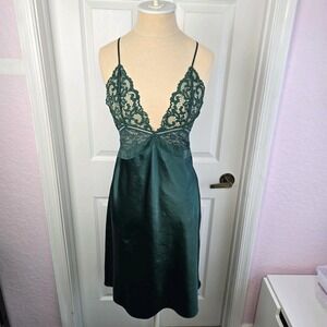 Victoria's Secret Emerald Green Satin Lace‎ Midi Gown Size S Nightgown Lingerie